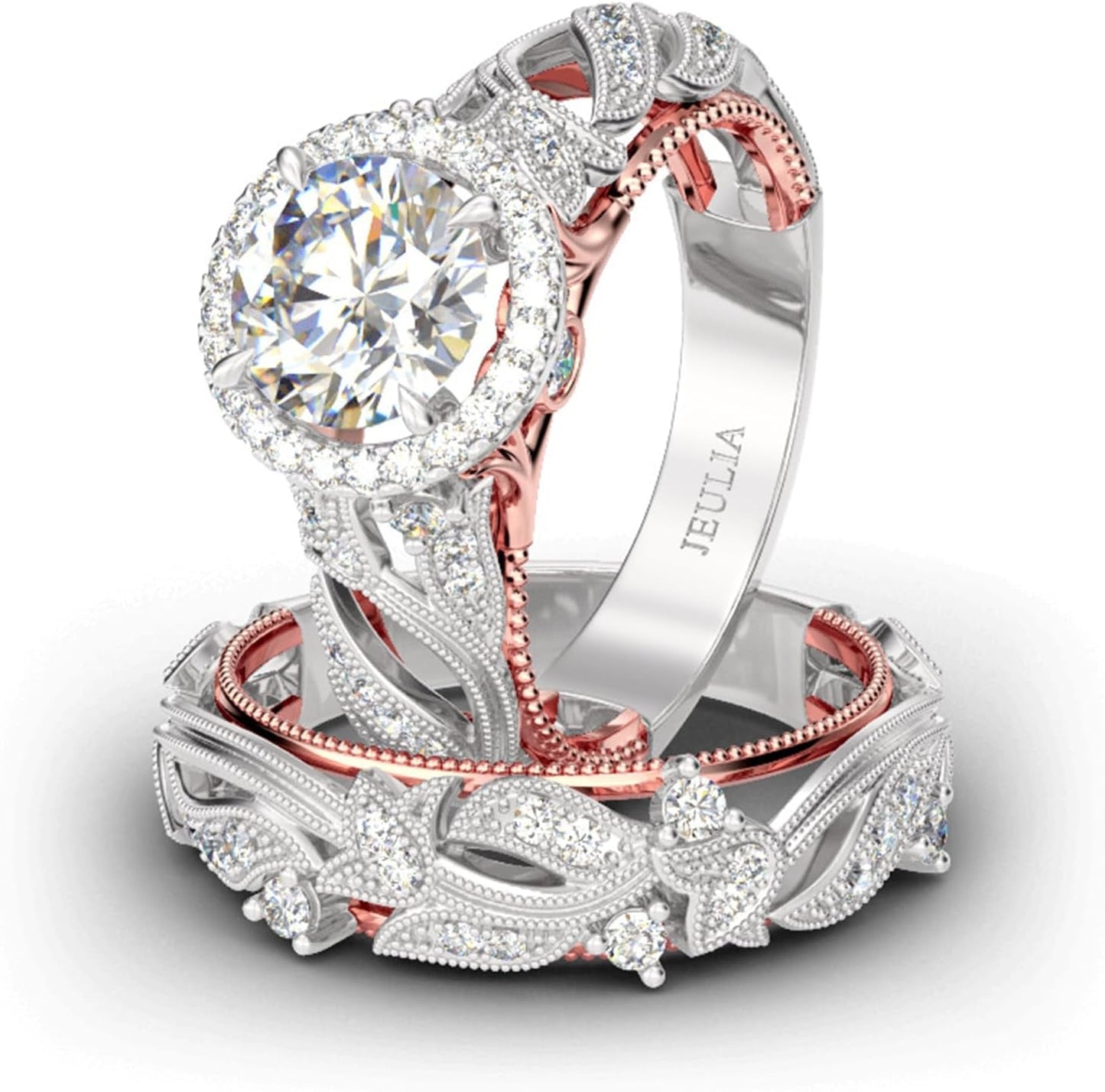 4 Carat Openwork Ring Sets for Women 925 Sterling Silver Wedding Sets Rose Gold round Cut Halo Engagement Ring White Diamond Band CZ Solitaire Anniversary Promise Rings - WORLD TIME VISITS