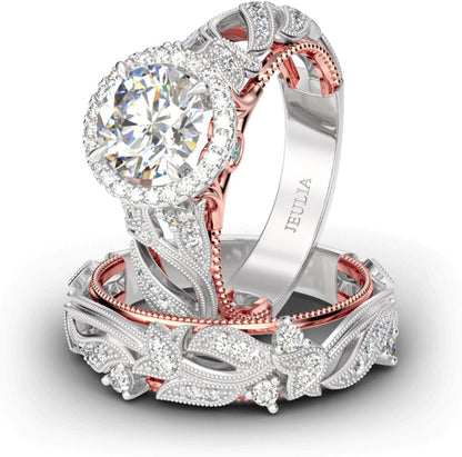 4 Carat Openwork Ring Sets for Women 925 Sterling Silver Wedding Sets Rose Gold round Cut Halo Engagement Ring White Diamond Band CZ Solitaire Anniversary Promise Rings - WORLD TIME VISITS