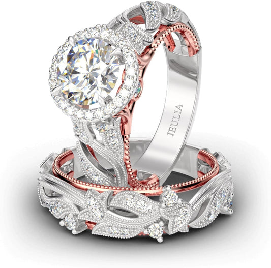 4 Carat Openwork Ring Sets for Women 925 Sterling Silver Wedding Sets Rose Gold round Cut Halo Engagement Ring White Diamond Band CZ Solitaire Anniversary Promise Rings - WORLD TIME VISITS