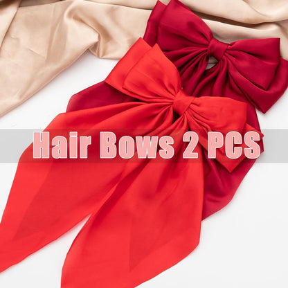 Hair Bows 2 PCS, Ribbon Bow for Women, Hair Ribbons, Oversized Long-Tail Cute Aesthetic Hair Accessories, Large Hair Barrettes for Women, Big Bows for Girls (Bright Red Wine Red)