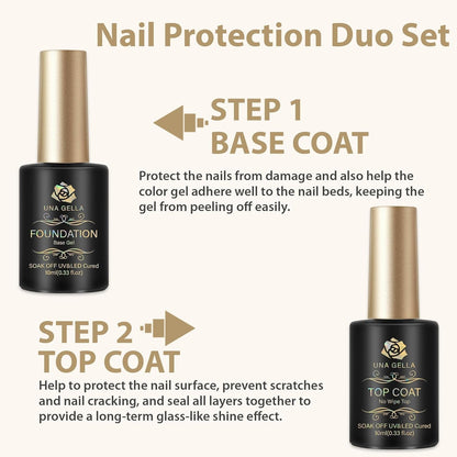 Gel Base Top Coat Set, 2PCS Gel Top Base Coat Gel Polish U V for Gel Nail Polish, Diamond Shiny, Protects Nails Healthy, Clear Gel Base Coat & No Wipe Top Coat for DIY Nail Art Home