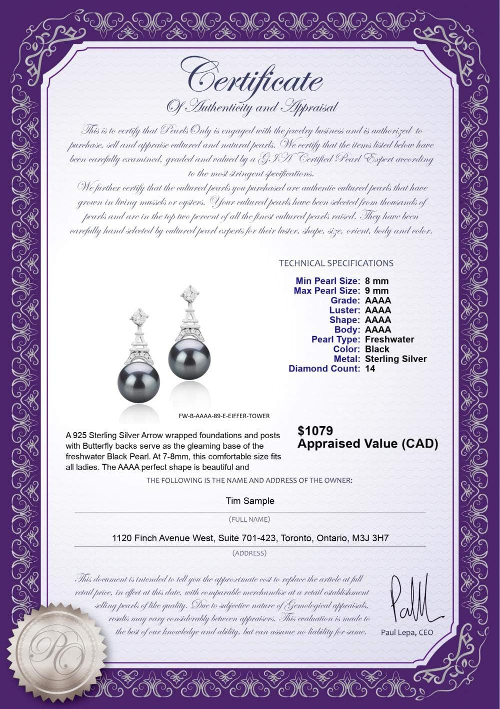 Eiffer-Tower Black 8-9Mm AAAA Quality Freshwater 925 Sterling Silver Cultured Pearl Earring Pair