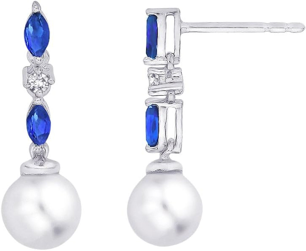 Cultured Freshwater Pearl and 1/20 Ct. Diamond with 1/2 Ct. Sapphire Earrings in 14K White Gold