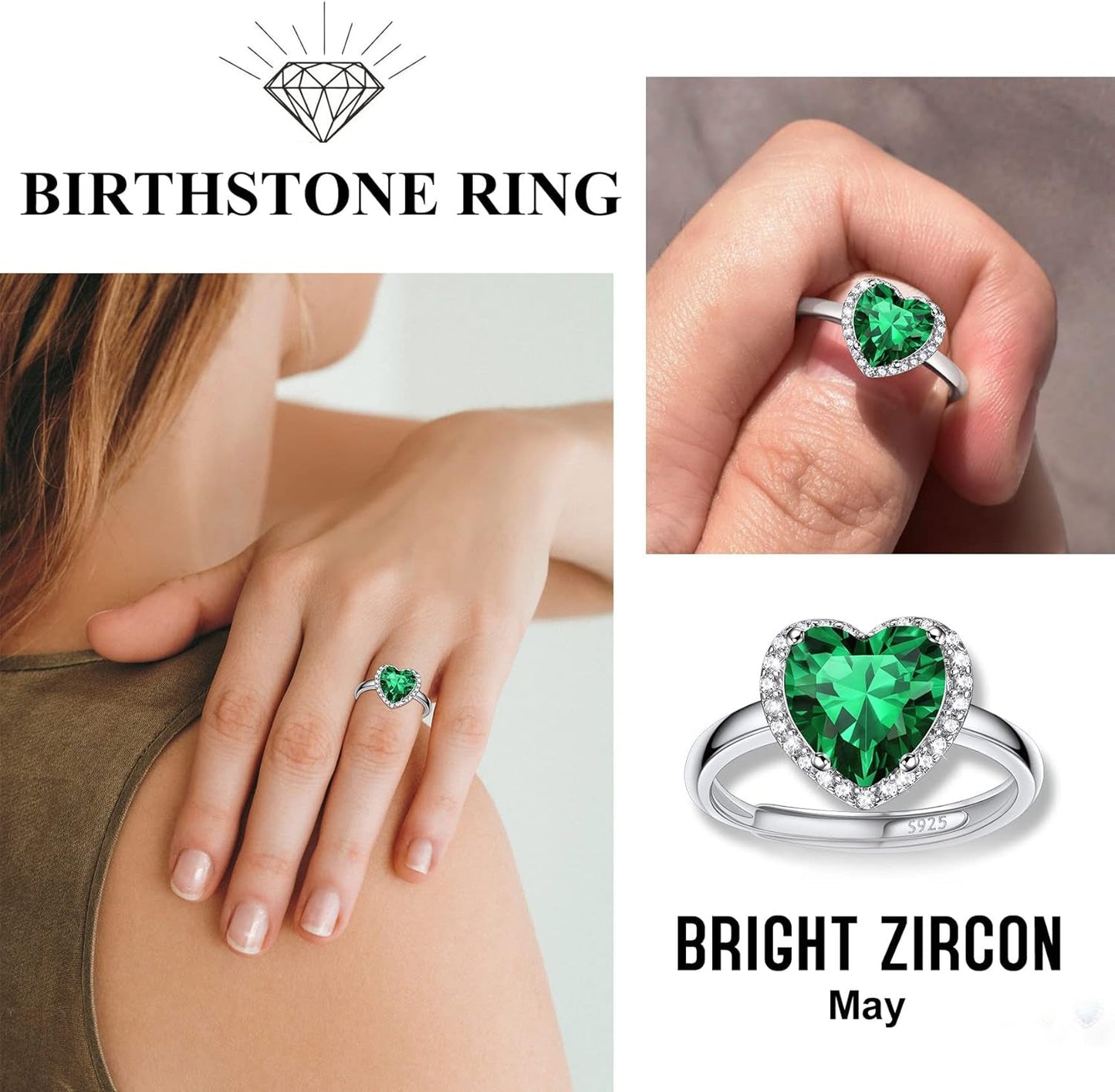 925 Sterling Silver Birthstone Rings for Women Girls with Clear 2Ct Heart/Round/Teardrop/Square Crystal, Solitaire Diamond Halo Open Bands Cubic Zirconia Rings Adjustable Size#6-#12 - WORLD TIME VISITS