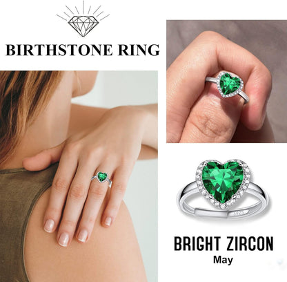 925 Sterling Silver Birthstone Rings for Women Girls with Clear 2Ct Heart/Round/Teardrop/Square Crystal, Solitaire Diamond Halo Open Bands Cubic Zirconia Rings Adjustable Size#6-#12 - WORLD TIME VISITS