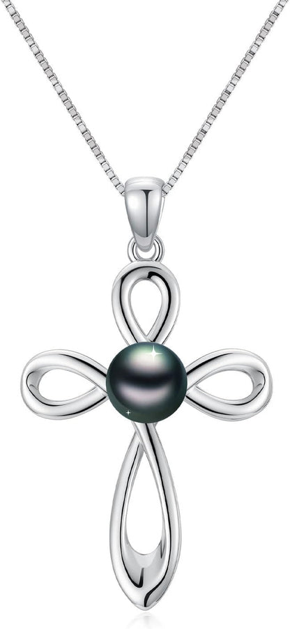 Tahitian Black Pearl AAAA 18K White Gold Plated Sterling Silver Religious Cross Pendant Necklace for Women Wife Mom Girlfriend Her Jewelry Gift for Anniversary Birthday - WORLD TIME VISITS