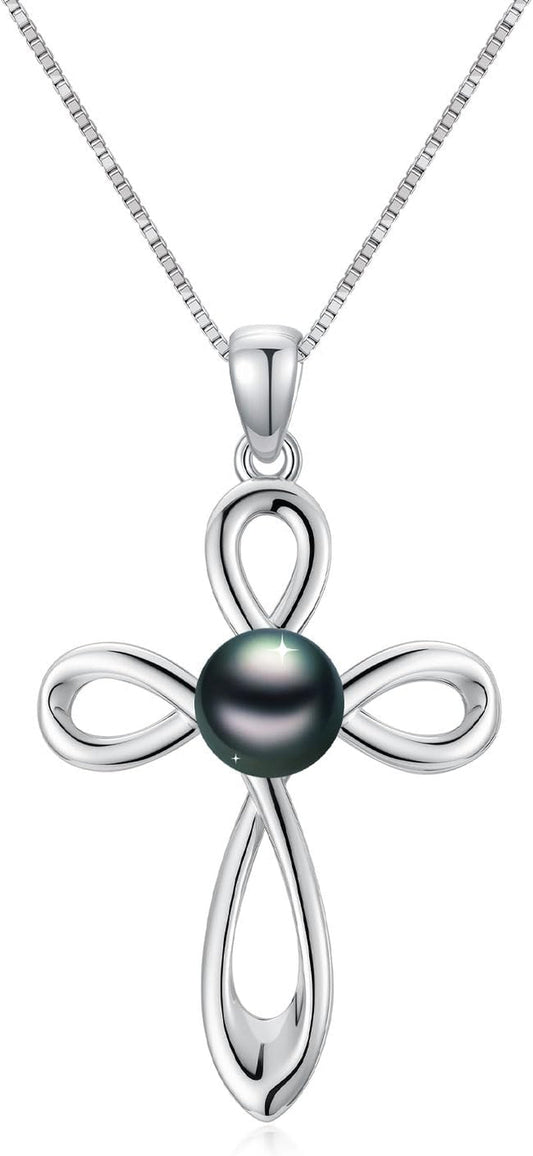 Tahitian Black Pearl AAAA 18K White Gold Plated Sterling Silver Religious Cross Pendant Necklace for Women Wife Mom Girlfriend Her Jewelry Gift for Anniversary Birthday - WORLD TIME VISITS