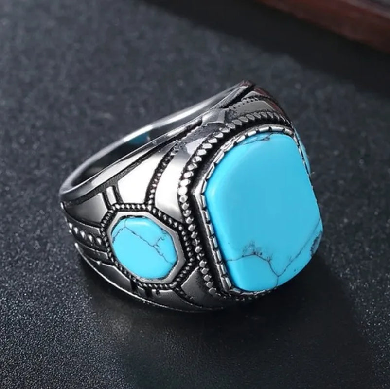 Punk Rock Vintage Classic Blue Cube Turquoise Ring Titanium Steel Retro Fine Rings for Men Boy Cool Jewelry Fashion Accessories - WORLD TIME VISITS