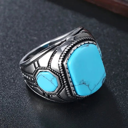 Punk Rock Vintage Classic Blue Cube Turquoise Ring Titanium Steel Retro Fine Rings for Men Boy Cool Jewelry Fashion Accessories - WORLD TIME VISITS
