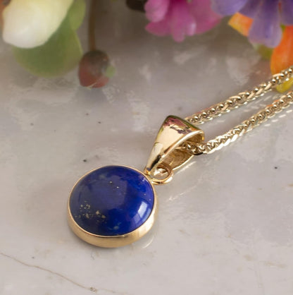 14K Gold Lapis Lazuli Pendant - Solid Yellow Gold Blue Lapis Gemstone Necklace, December Birthstone 12Mm round Stone, Handmade Classic Minimalistic Jewelry Birthday Gift for Women