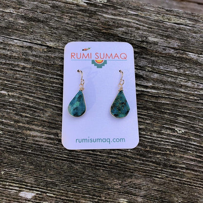 Chrysocolla Earrings Gold Filled Wire Wrap Dangle Blue Green Teardrop Stones - Handmade Healing Crystal Gemstone Jewelry Gift for Women by