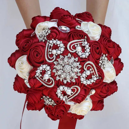 Exquisitely Handmade Ribbon Diamond Bridesmaids Holding Flowers 21CM Pearl Rhinestone Brooch Bridal Bouquet Artificial Silk Rose Wedding Flower Bouquet