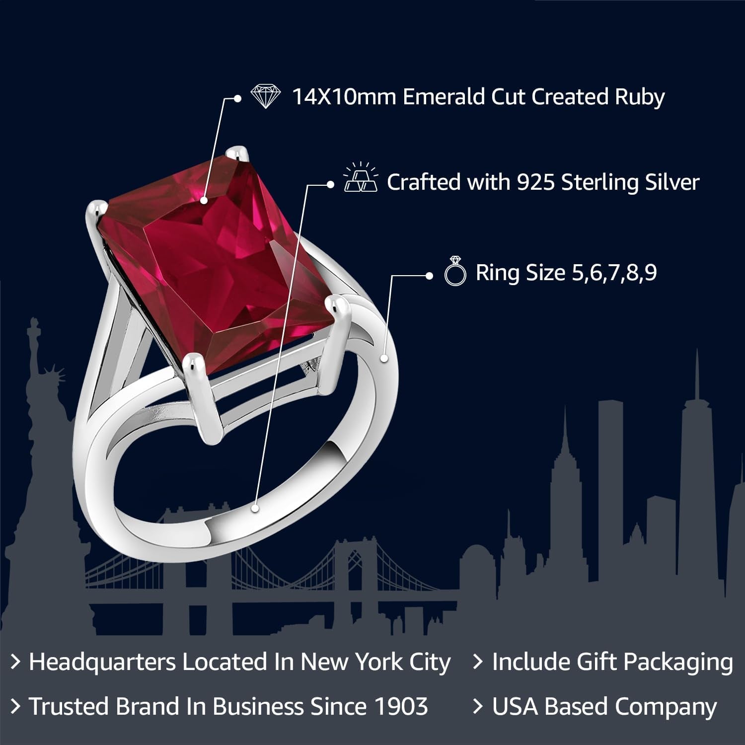 5-10 Cttw Gemstone Birthstone Solitaire Engagement Ring for Women | 925 Sterling Silver | 14X10MM Emerald Cut | Wedding Anniversary Promise Ring for Women | Available in Size 5-9 - WORLD TIME VISITS