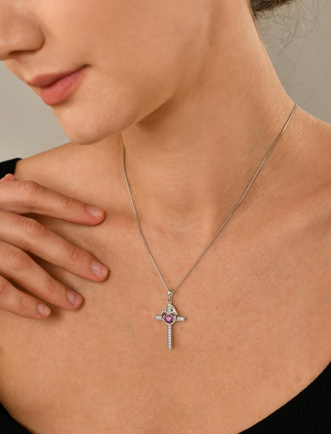 Mom Cross Necklace Sterling Silver Mother and Children Pendant Gemstones Crucifix Jewelry for Women