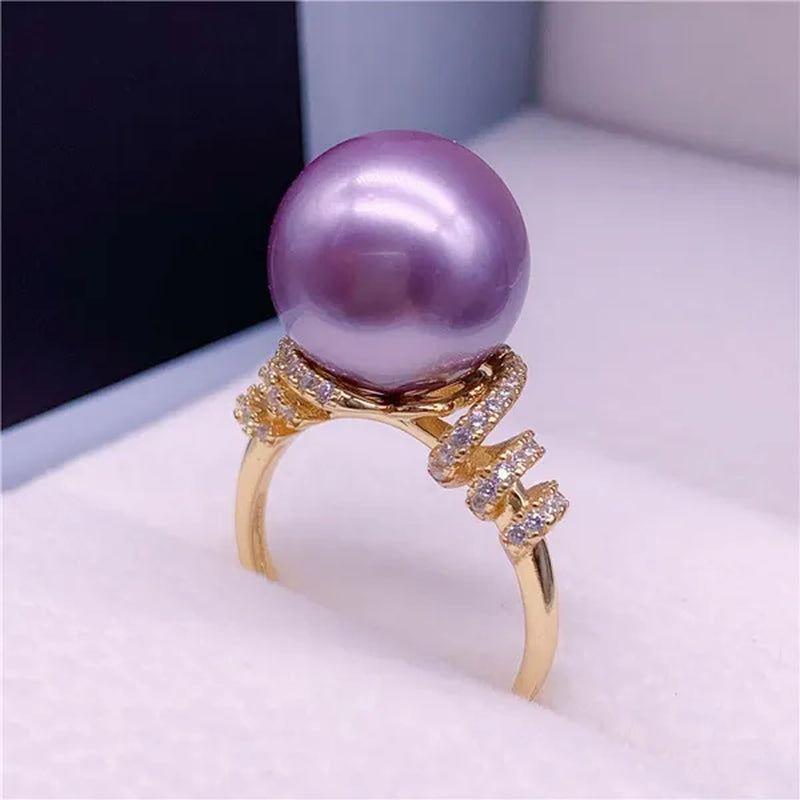 Natural South Sea Gold Pearl Powder Seawater Pearl Ring 925 Sterling Silver Diamond Pearl Ring Round Open Ring