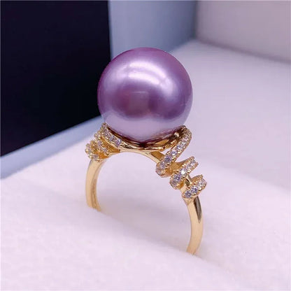 Natural South Sea Gold Pearl Powder Seawater Pearl Ring 925 Sterling Silver Diamond Pearl Ring Round Open Ring