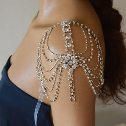 Rhinestones Sexy Shoulder Bra Body Chain Fringe Tassels Body Jewelry Wedding Arm Chain Summer Beach Bikini Shoulder Harness for Women Brides (Type C)