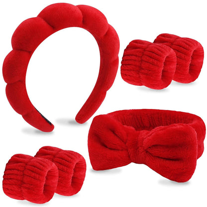 6 Pack Hairband, Makeup Headband, Face Wash Headband, Skincare Headbands, Red Microfiber Hair Band with Bow Tie Spa Headband for Washing Face Wristband Set Hair Accessories for Women