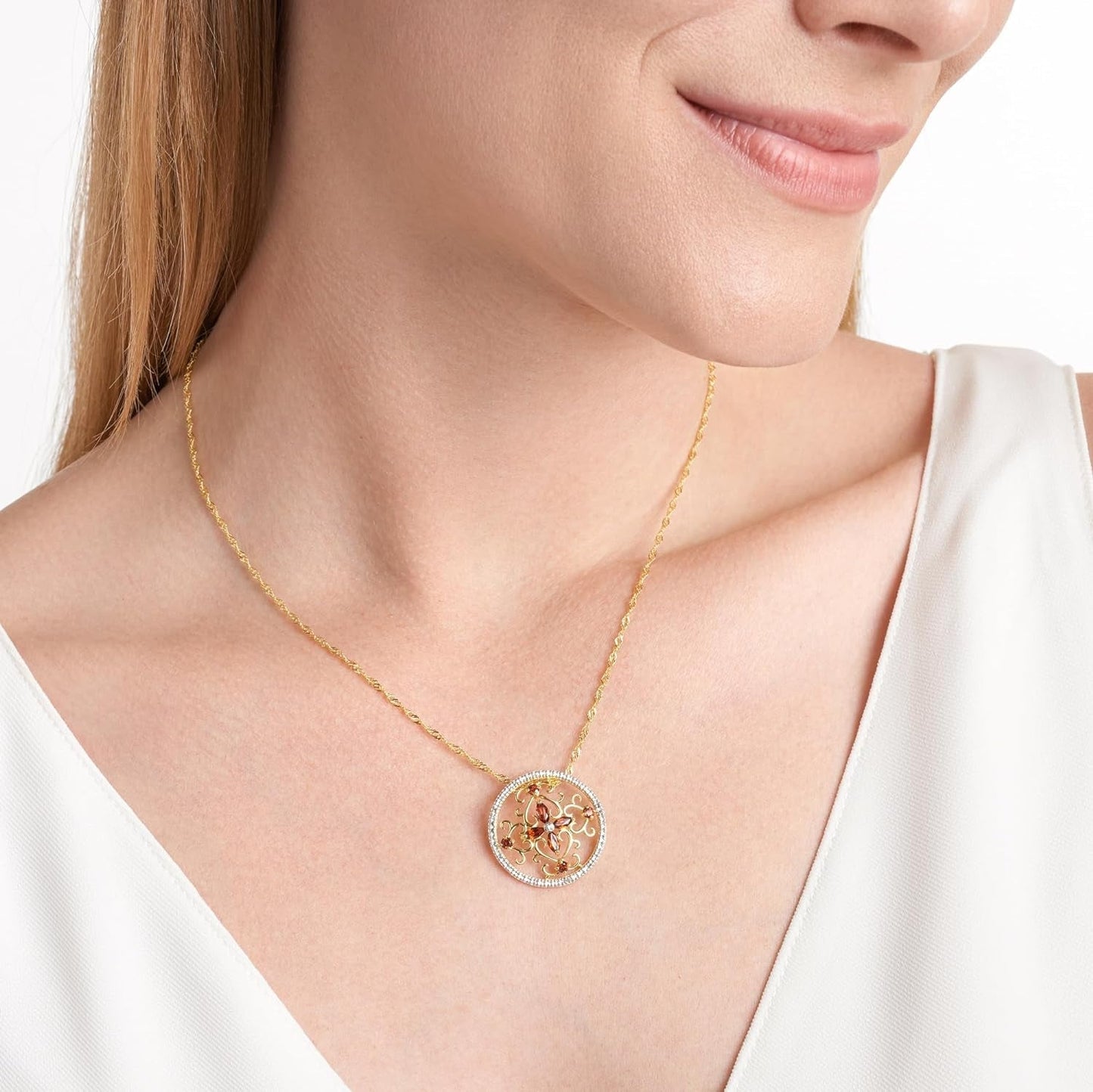 18K Yellow Gold-Plated .925 Sterling Silver Diamond-Accented Gemstone Floral Filigree Cross round 1" Pendant Necklace on 18" Chain - Choice of Birthstones