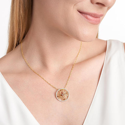 18K Yellow Gold-Plated .925 Sterling Silver Diamond-Accented Gemstone Floral Filigree Cross round 1" Pendant Necklace on 18" Chain - Choice of Birthstones