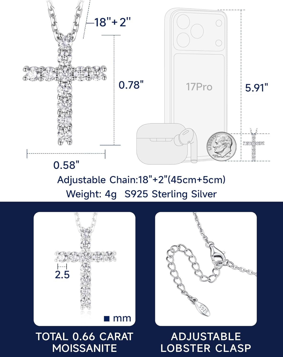 Cross Necklace for Women, Christian Gifts for Her, Moissanite Cross Pendant, 925 Sterling Silver Necklaces Religious Anniversary Birthday Gifts for Women-