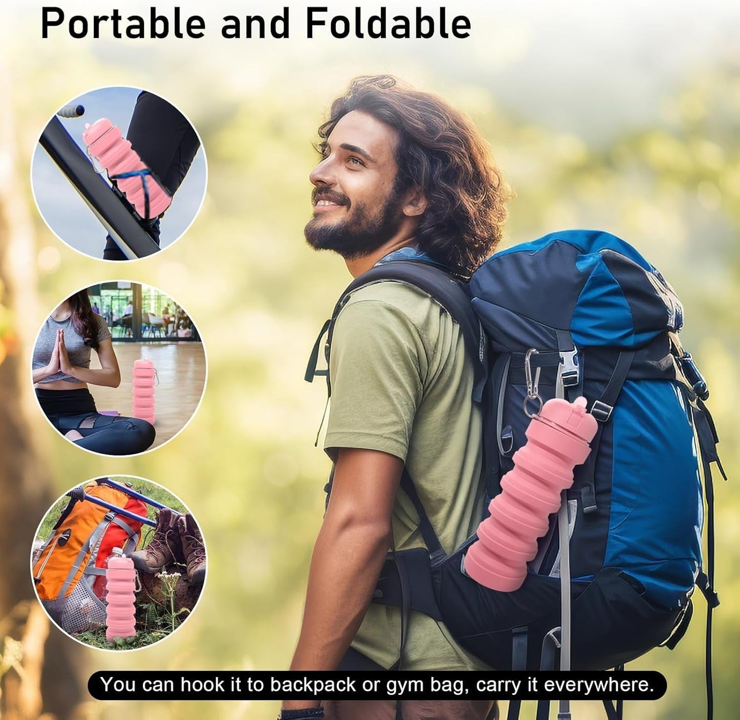 Collapsible Water Bottle 20Oz, Travel Portable Sport Water Bottle, Silicone Reusable Leakproof Foldable Water Bottles for Gym Camping Outdoor Hiking, BPA Free