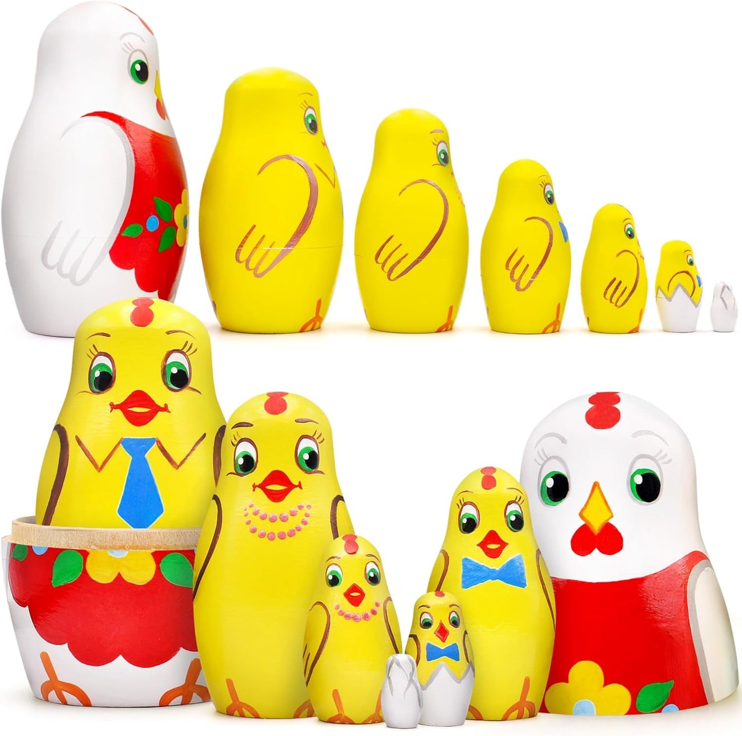 Chicken Nesting Dolls Set of 7 Pcs - Matryoshka Russian Doll - Chicken Decor - Easter Nesting Dolls - WORLD TIME VISITS