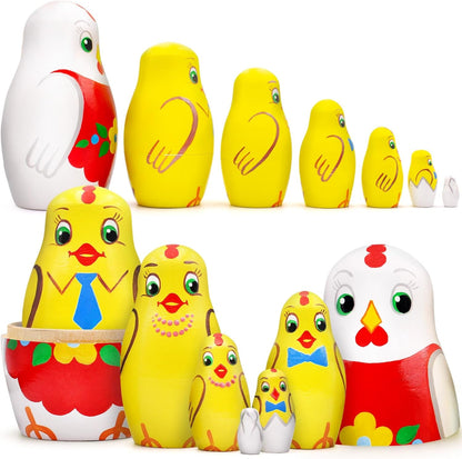 Chicken Nesting Dolls Set of 7 Pcs - Matryoshka Russian Doll - Chicken Decor - Easter Nesting Dolls - WORLD TIME VISITS
