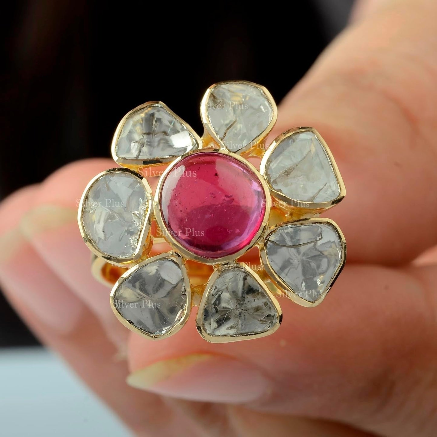 Solid 18K Yellow Gold Genuine Cabochon Ruby and Diamond Polki Ring Traditional Jewelry