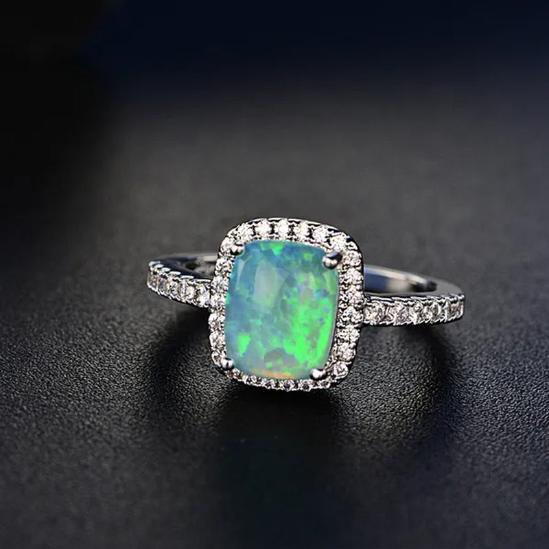 Cushion Cut Opal & CZ 925 Sterling Silver Engagement Wedding Ring for Women Girl Size 5-11