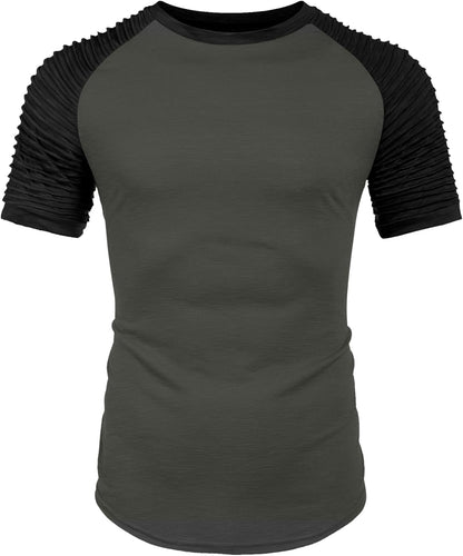 Men'S Muscle T-Shirt Pleated Raglan Sleeve Bodybuilding Gym Tee Short Sleeve Fashion Workout Shirts Hipster Shirt