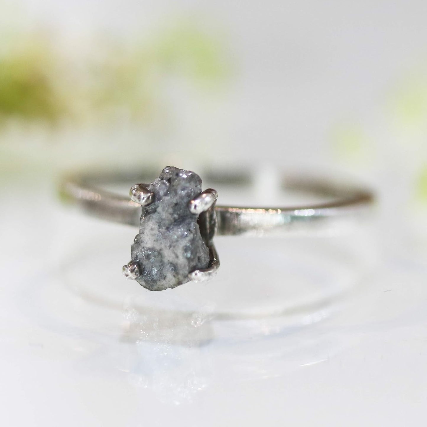Real White/Grey Rough Diamond Ring in Prongs Setting with Sterling Silver High Polished Band