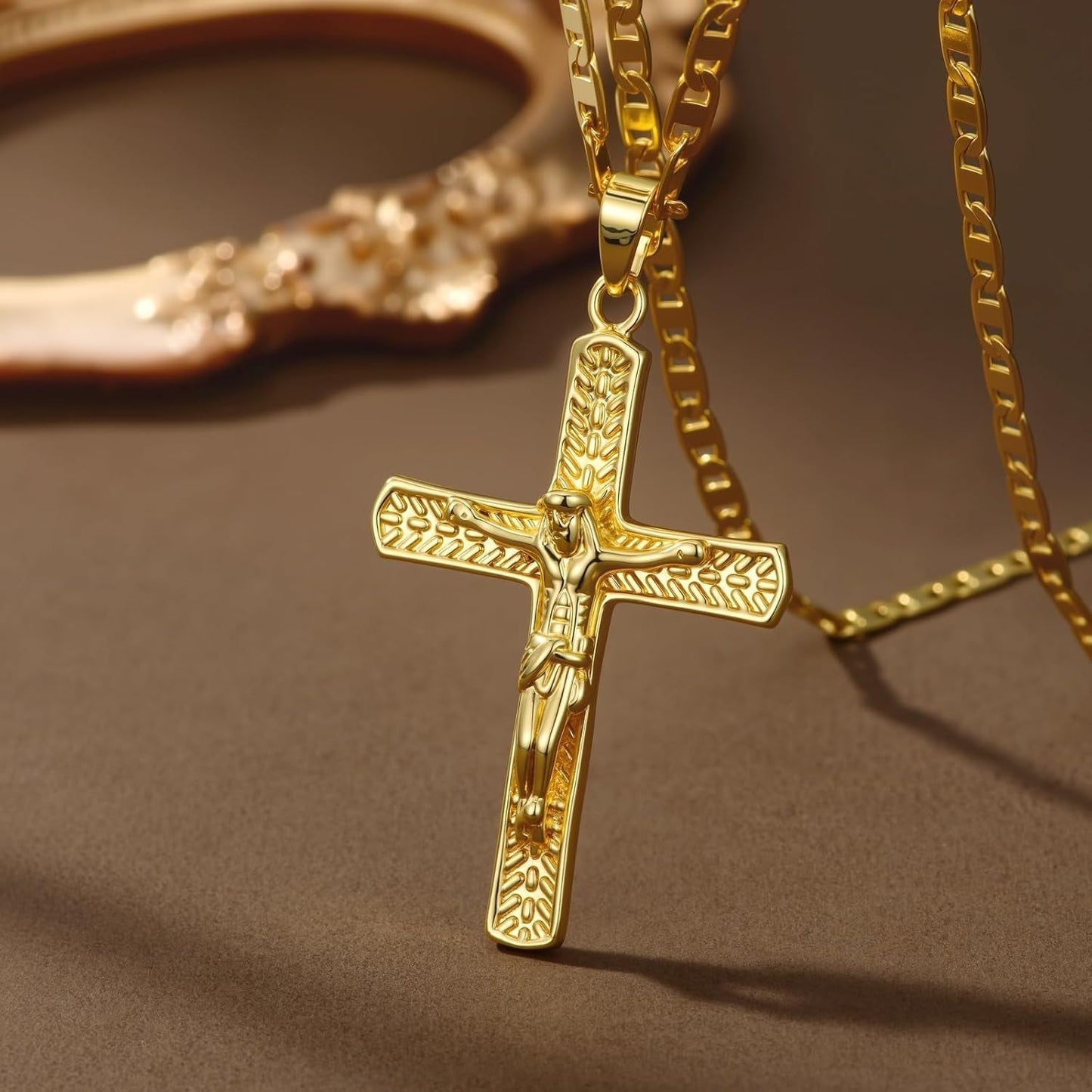 Gold Crucifix Necklace 14K Gold Cross Necklace Jesus Cross Pendant Religious Catholic Jewelry for Men Women