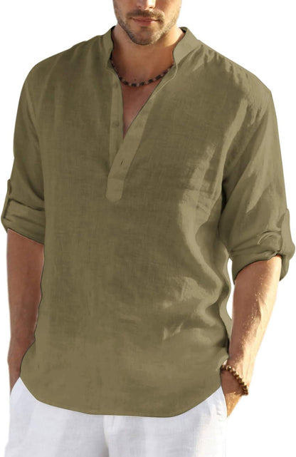 Men'S Cotton Linen Henley T-Shirts Long Sleeve Hippie Casual Beach T-Shirts