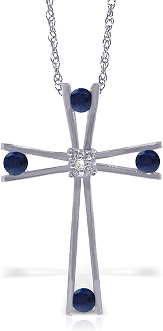 14K Solid White Gold Cross with Natural Diamond and Natural Sapphires Necklace - WORLD TIME VISITS