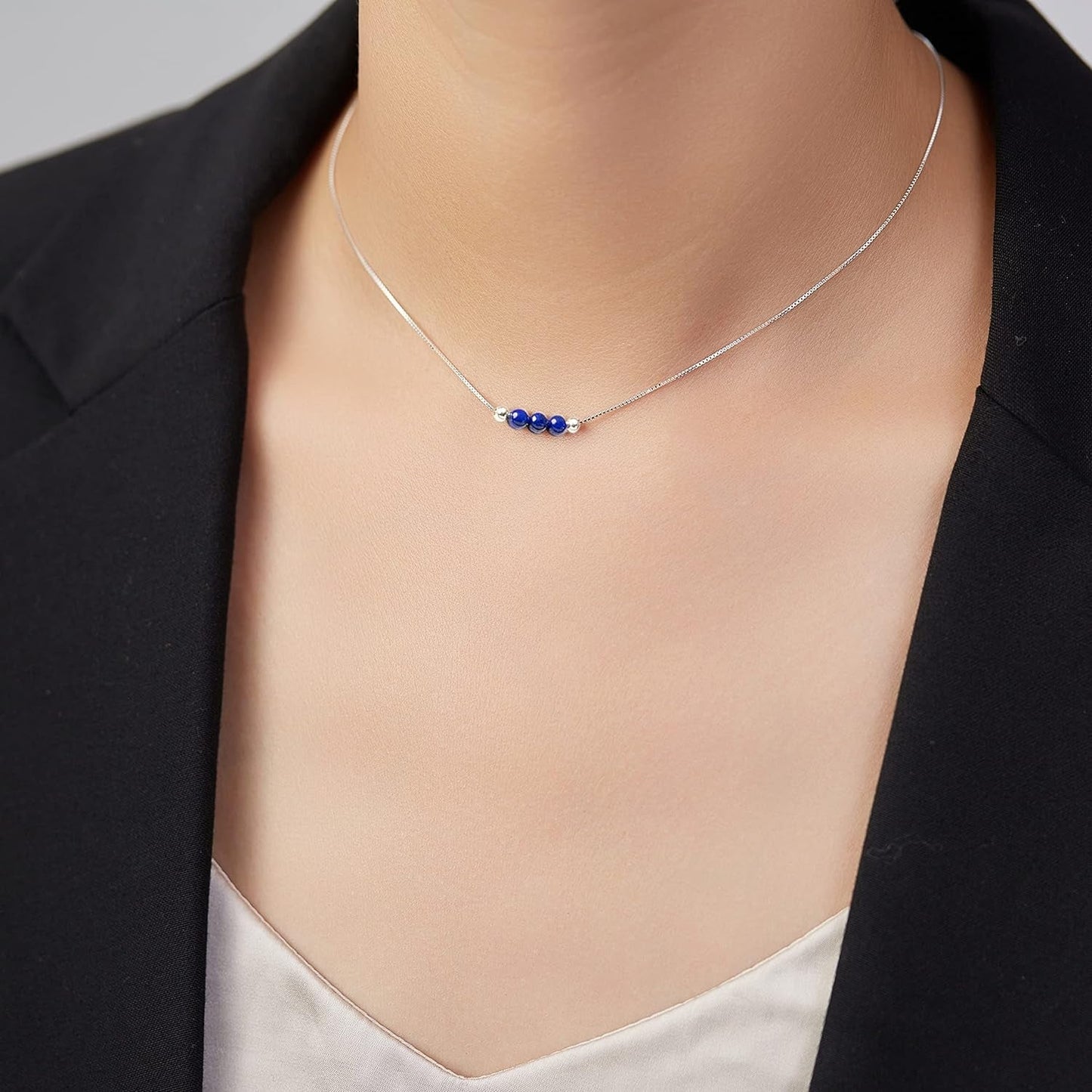 Dainty Real Lapis Lazuli Crystal Pendant 925 Sterling Silver Choker Collar Necklace and Healing Chakra Crystal Stone September Birthstone Handmade Necklace Collar Jewelry Gift for Women Teen Girls