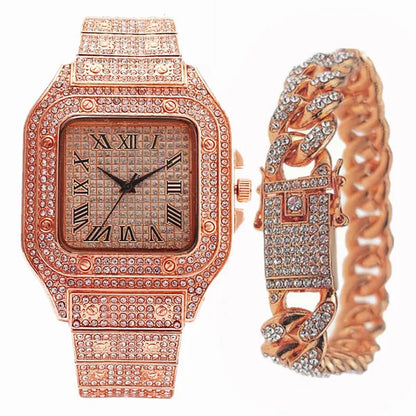 24K Gold / 925 Silver / Rose Gold Stainless Steel Hip Hop Jewelry Iced Out Diamond Thick Miami Cuban Link Chain Necklace Bracelet Watch for Men's and Women's Party Jewelry Set Nightclub Bar Fashion Accessories