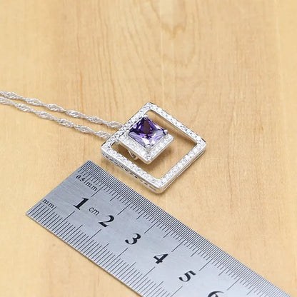 Natural 925 Silver Jewelry Sets Purple Amethyst White Crystal Decoration For Women Earrings/Pendant/ Rings/Bracelet/Necklace Set