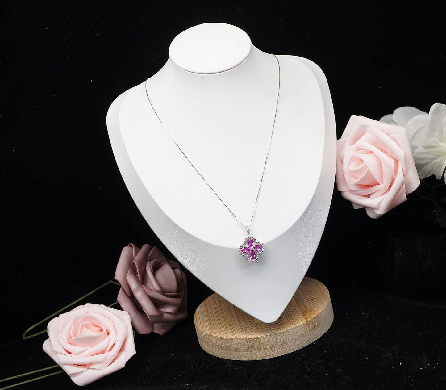 Pink Sapphire Jewelry Fuchsia Four Leaf Clover Pendant Green Peridot Necklace 18Kgp @ 925 Sterling Silver Adjustable Chain Ruby Aquamarine Amethyst Emerald Blue Sapphire Sunstone (Pink Sapphire)