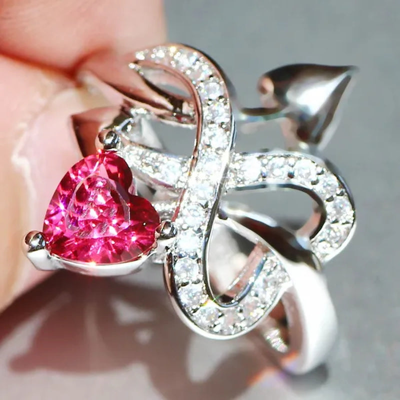 Eros Ring Silver Natural Gemstones White Sapphire & Ruby Wedding Birthstone Bride Engagement Multilevel Heart Cross Ring Jewelry Size 6 7 8 9 10
