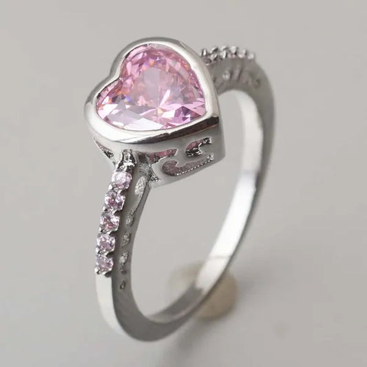 8Mm Heart Cut Pink Topaz 925 Sterling Silver Gemstone Wedding Ring Size 6-10 US Size