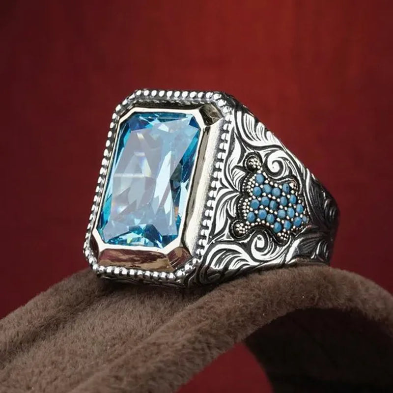 Classic Fashion Men's Ring Cutting 4.6 Carat Blue Stone Ring Noble Family Engagement Anniversary Gift Size 6-13