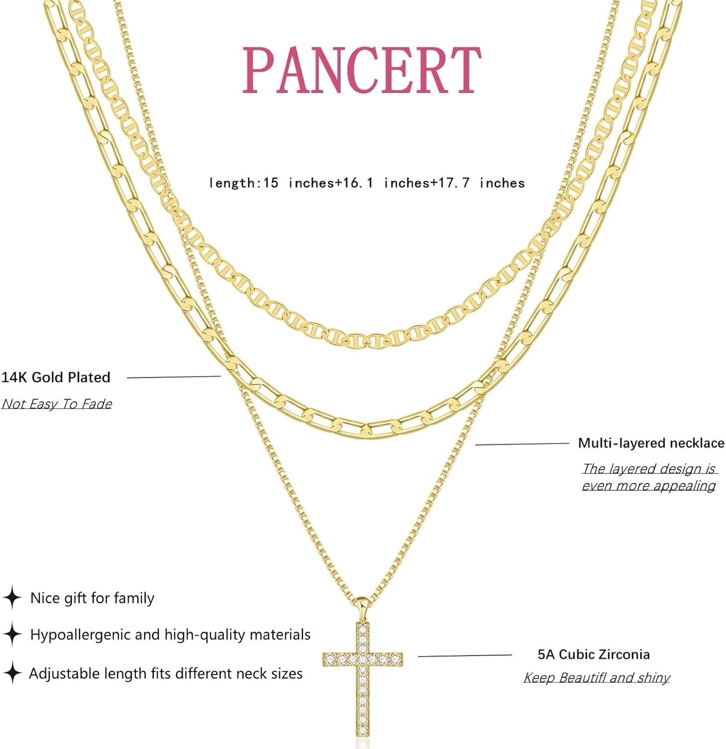 Cross Necklace for Women,Stackable Stacked Stacking Layering Layered Necklaces Dainty Gold Necklace Paperclip Box Flat Mariner Chain Necklace Cross Pendant CZ Diamond Simple Jewelry Gift