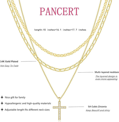 Cross Necklace for Women,Stackable Stacked Stacking Layering Layered Necklaces Dainty Gold Necklace Paperclip Box Flat Mariner Chain Necklace Cross Pendant CZ Diamond Simple Jewelry Gift