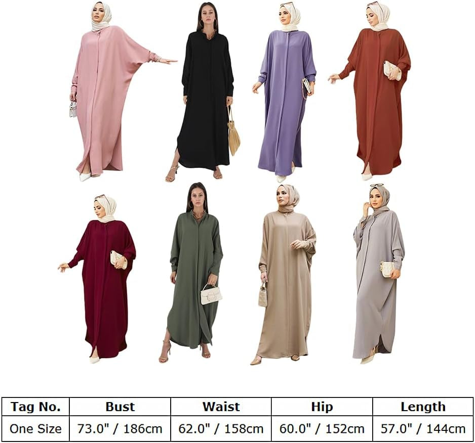 Muslim Dresses for Women Abaya Button down Henley Shirt Prayer Dress Batwing Long Sleeve Middle East Arabian Robe