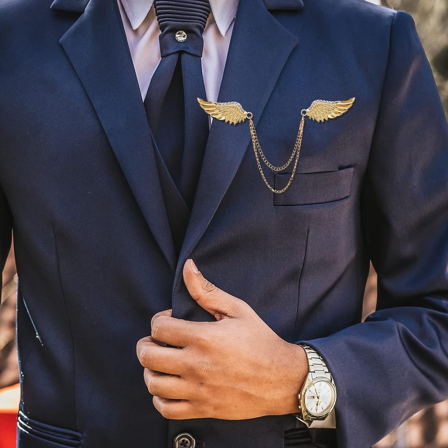 2PCS Angel Wings Tassel Chain Brooch Collar Pins,Rhinestone Metal Feather Lapel Pin, Suit Coat Breastpin for Women Men'S Accessories