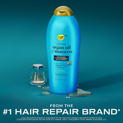 Renewing + Argan Oil of Morocco Shampoo, Damage Repair Shampoo & Argan Oil to Help Strengthen & Repair Dry, Damaged Hair, Paraben-Free, Sulfate-Free Surfactants, 25.4 Fl. Oz