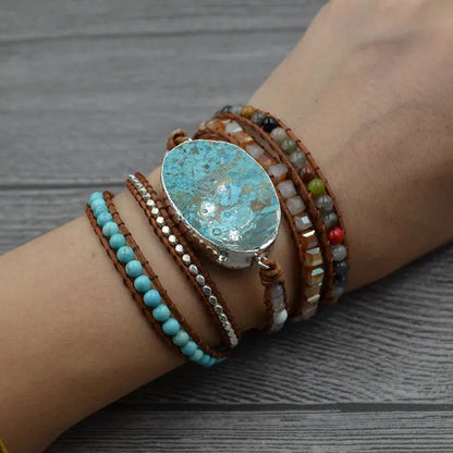 Vintage Boho Handmade Turquoise Charm Natural Stone Beads Bracelets Adjustable Wrap Leather Bracelet Jewelry