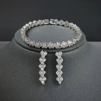 Gorgeous New Retro Silver Designer Engagement Marriage Diamond Bracelet and Long Drop Earrings Jewelry Set for Women Tarnish Free Fine Jewellery Big White CZ Crytstal Jewelry Set (2Pcs) Wedding Drop Earrings