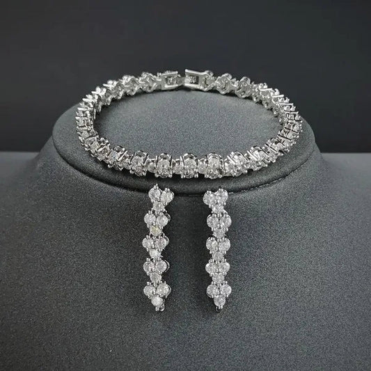 Gorgeous New Retro Silver Designer Engagement Marriage Diamond Bracelet and Long Drop Earrings Jewelry Set for Women Tarnish Free Fine Jewellery Big White CZ Crytstal Jewelry Set (2Pcs) Wedding Drop Earrings